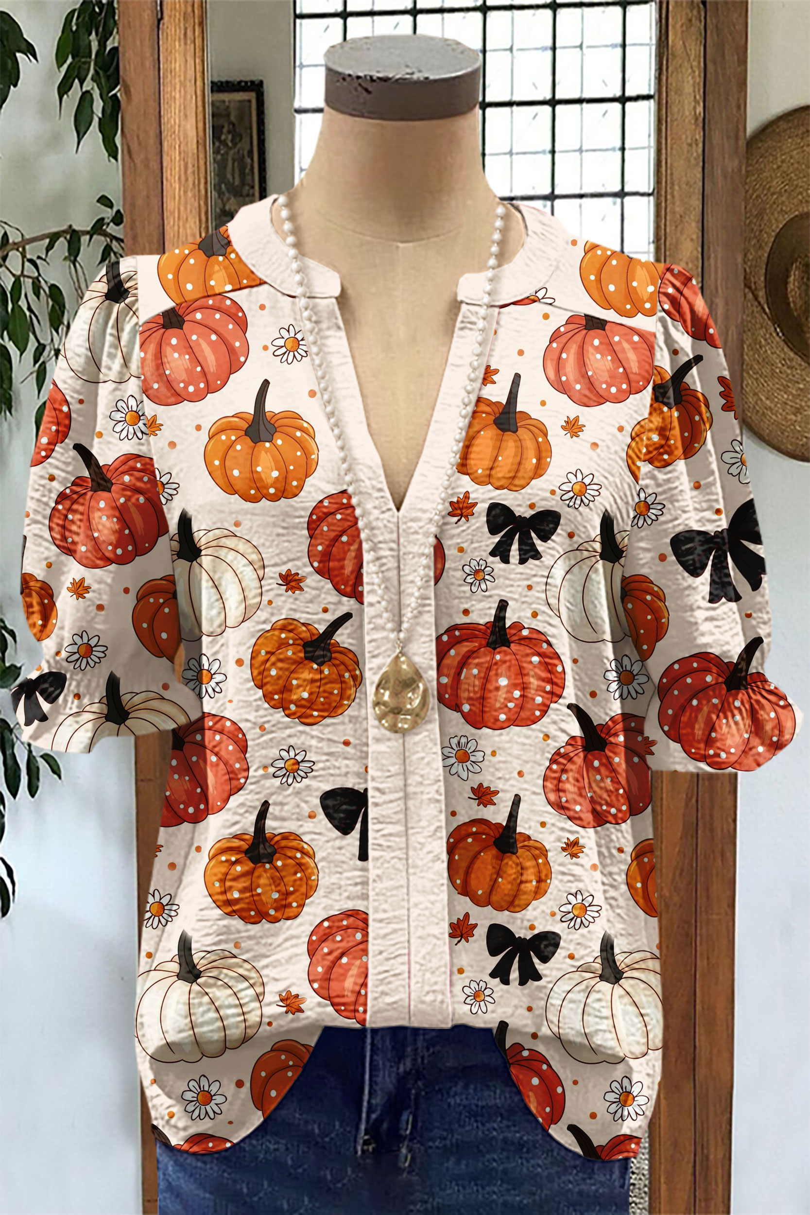 Halloween Polka Dot Pumpkins Bows Puff Sleeve Top