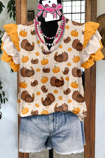 Thanksgiving Turkey Pumpkin Print Flying Sleeve Top