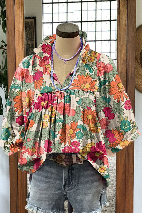 Flower Print Ruffle V-neck Bubble Sleeve Blouse