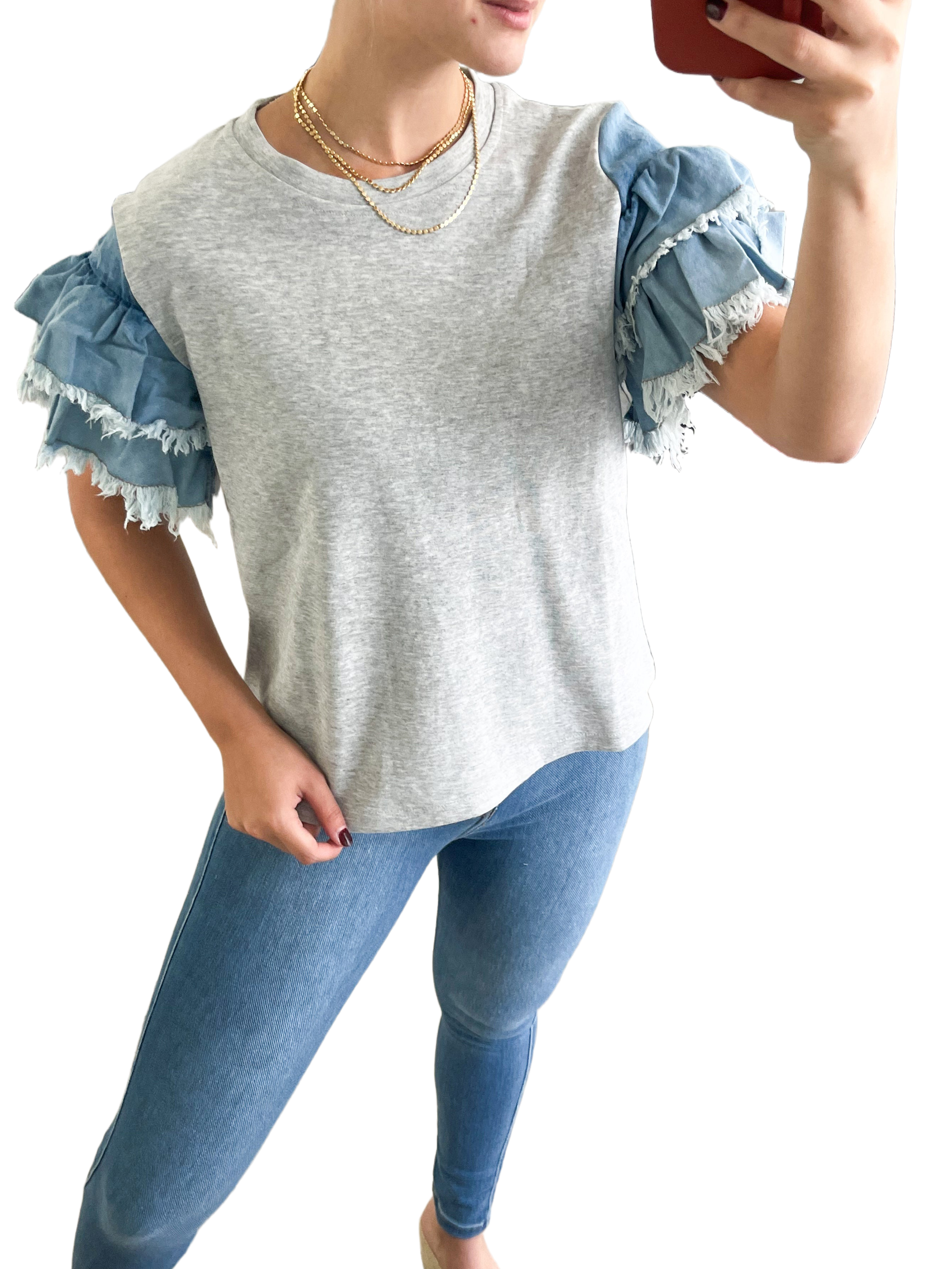 Denim Ruffle Sleeve Patchwork Knitted T-Shirt