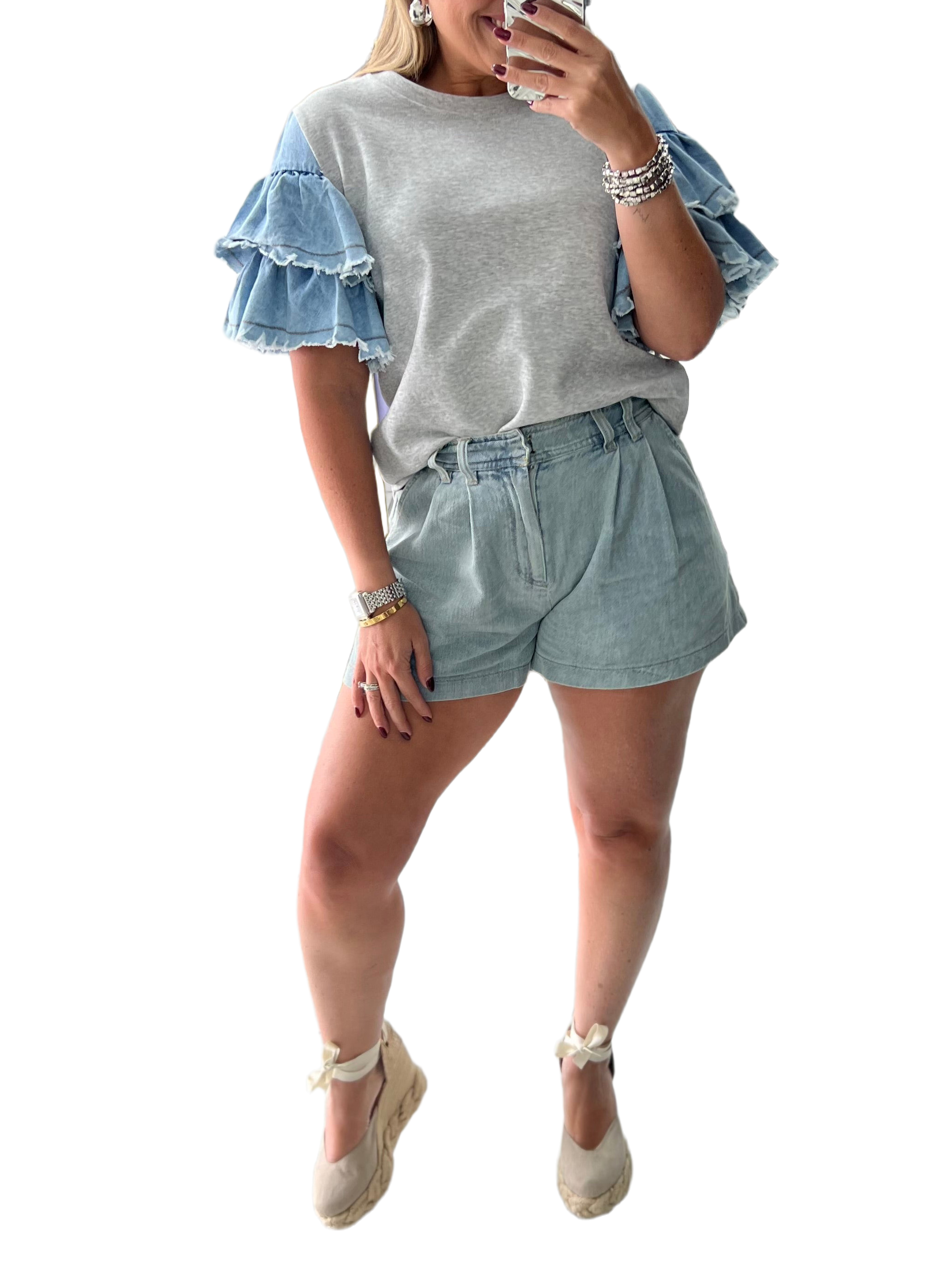 Denim Ruffle Sleeve Patchwork Knitted T-Shirt