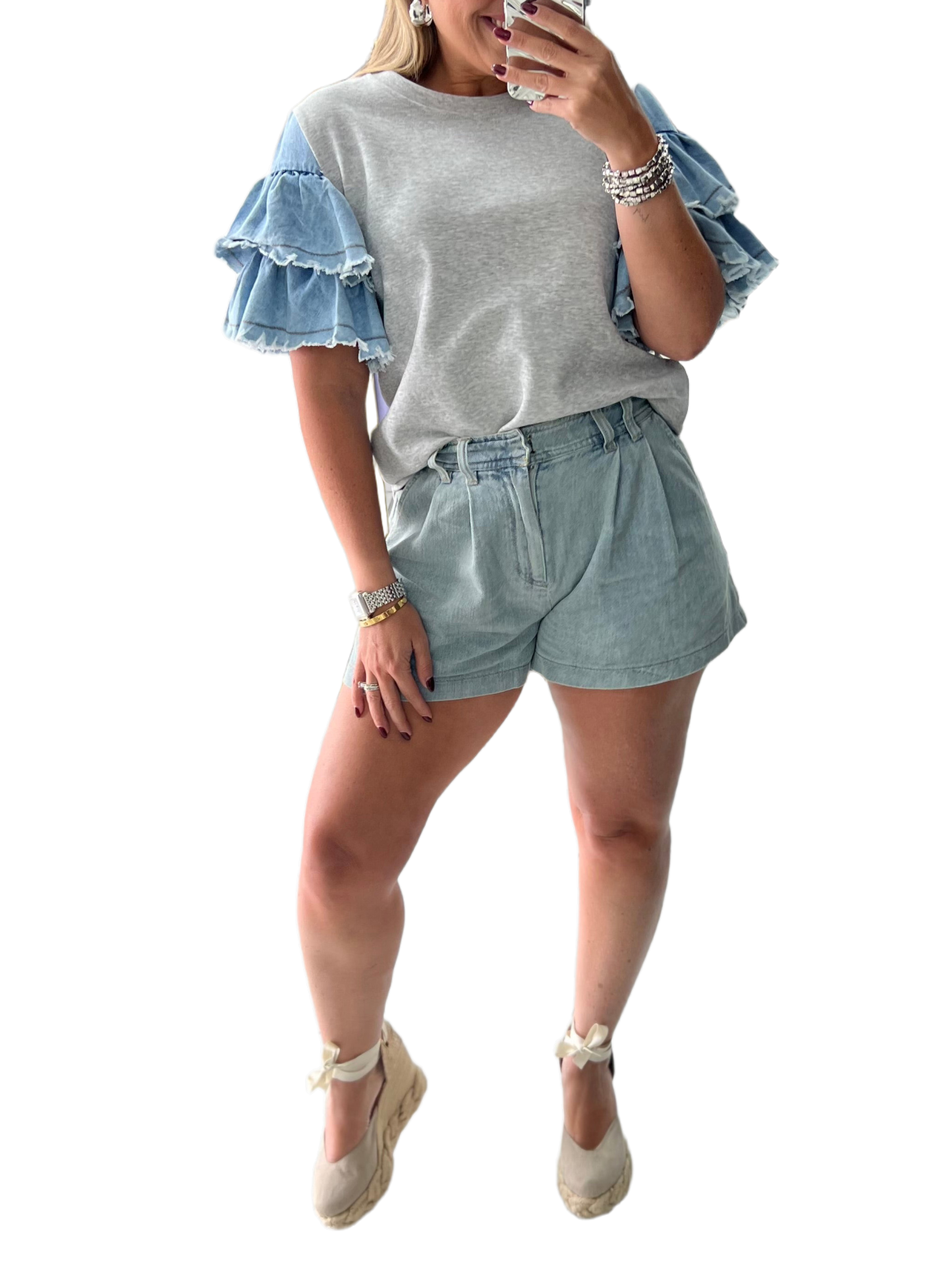 Denim Ruffle Sleeve Patchwork Knitted T-Shirt