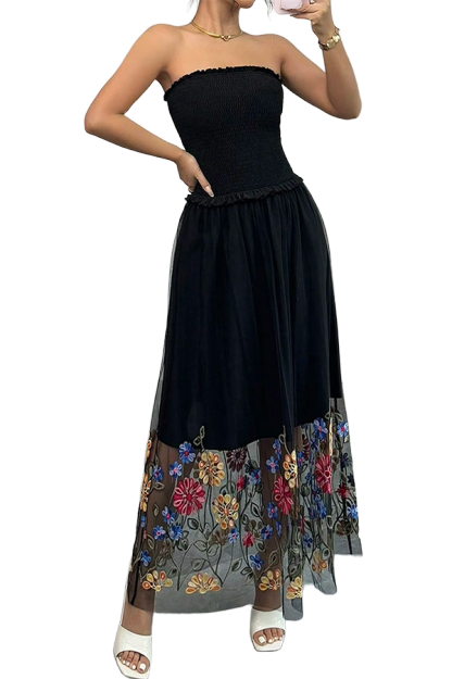 Tulle Floral Embroidered Strapless Dress