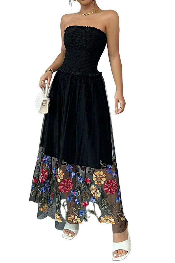 Tulle Floral Embroidered Strapless Dress
