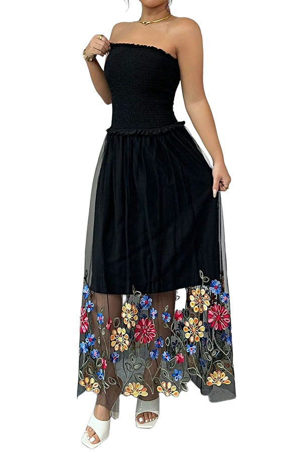 Tulle Floral Embroidered Strapless Dress