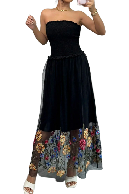 Tulle Floral Embroidered Strapless Dress