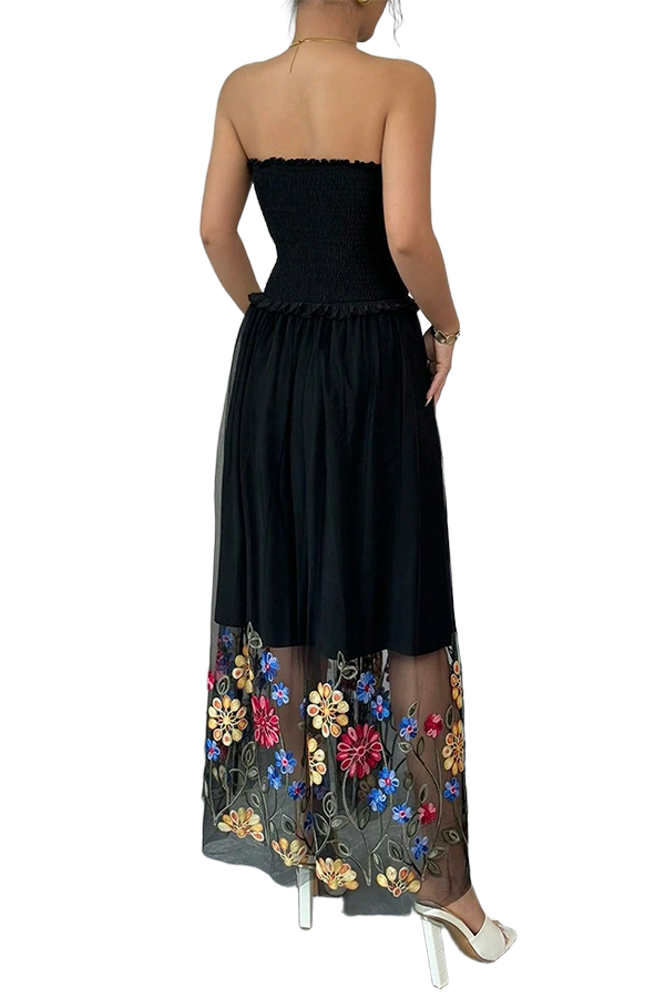 Tulle Floral Embroidered Strapless Dress