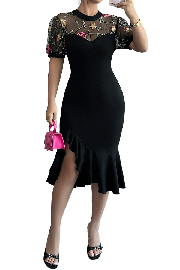 Mesh Embroidered Asymmetric Hem Dress