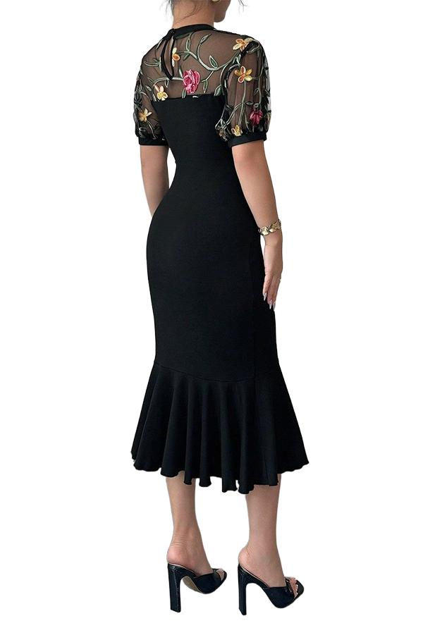 Mesh Embroidered Asymmetric Hem Dress