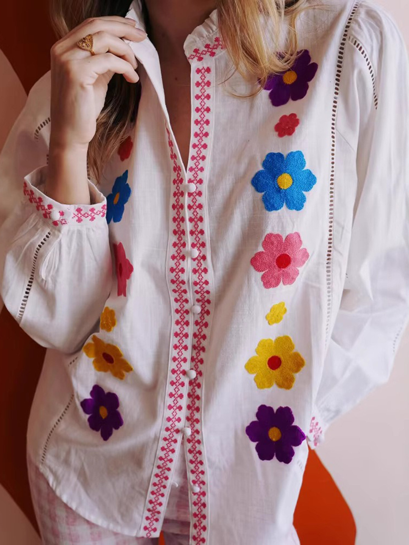 Floral Embroidered Ruffled Long-Sleeved Blouse