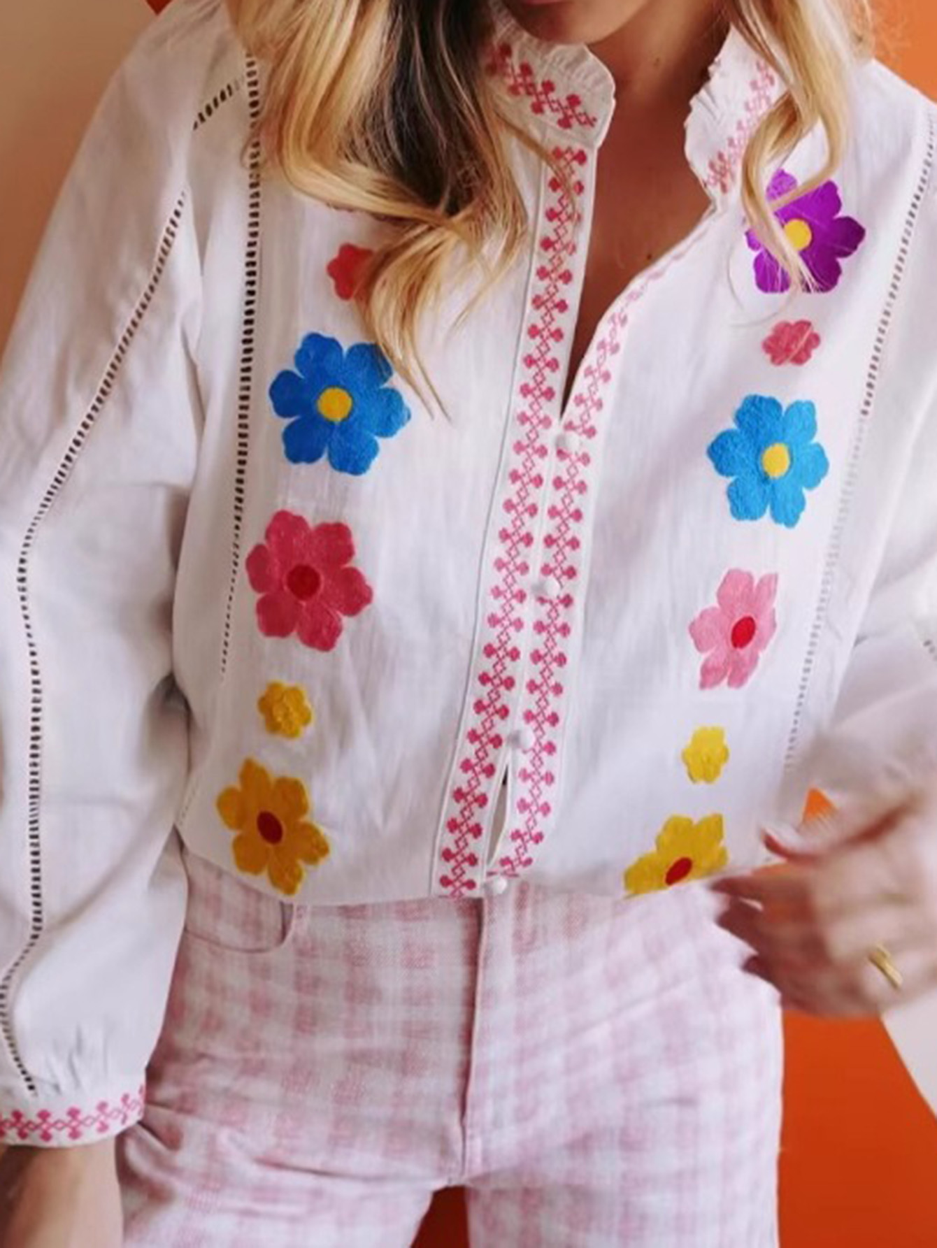 Floral Embroidered Ruffled Long-Sleeved Blouse