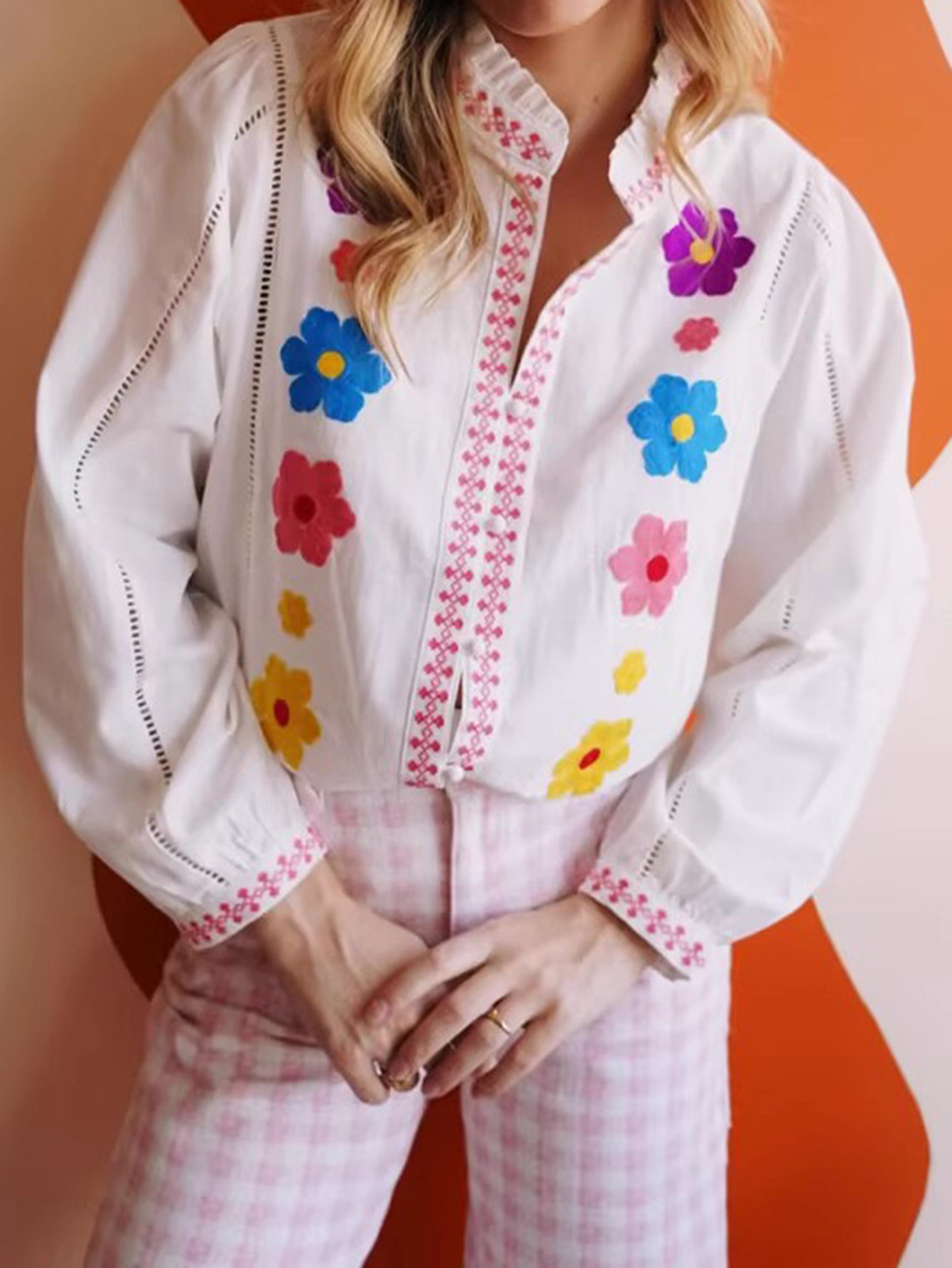 Floral Embroidered Ruffled Long-Sleeved Blouse