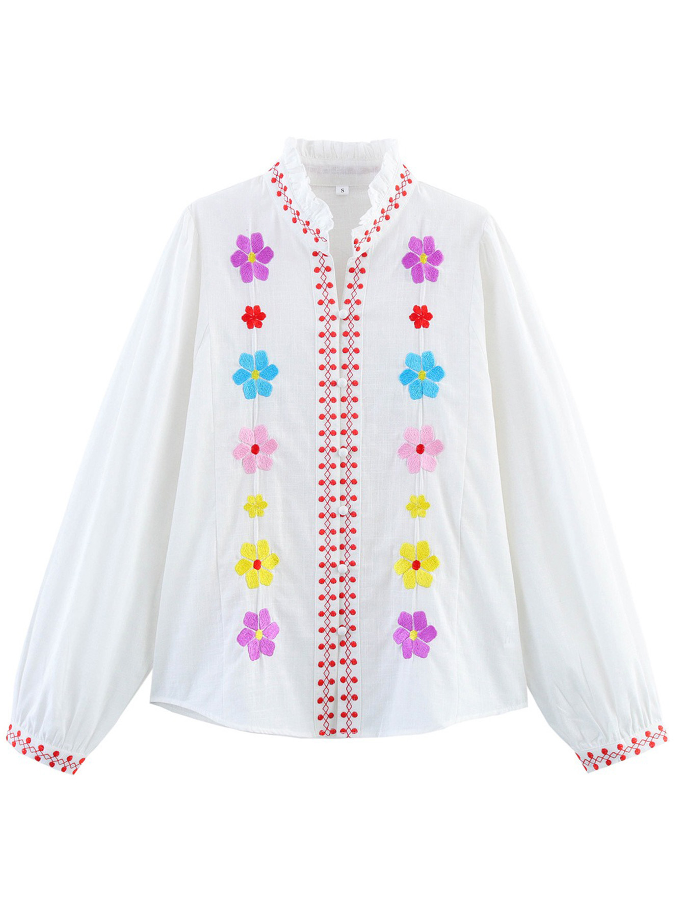 Floral Embroidered Ruffled Long-Sleeved Blouse