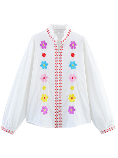 Floral Embroidered Ruffled Long-Sleeved Blouse