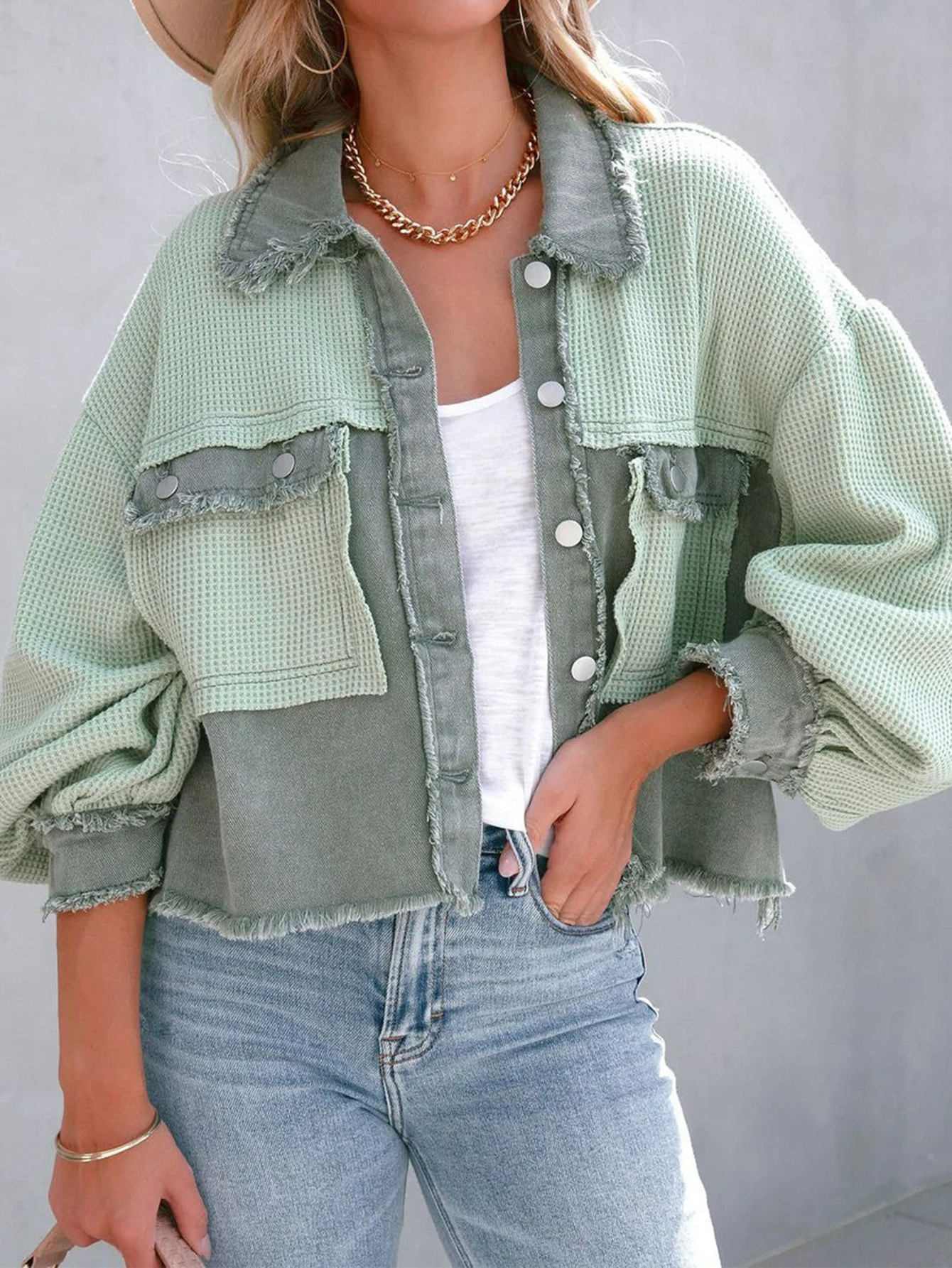 Waffle Panel Frayed Washed Denim Jacket