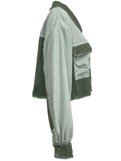 Waffle Panel Frayed Washed Denim Jacket