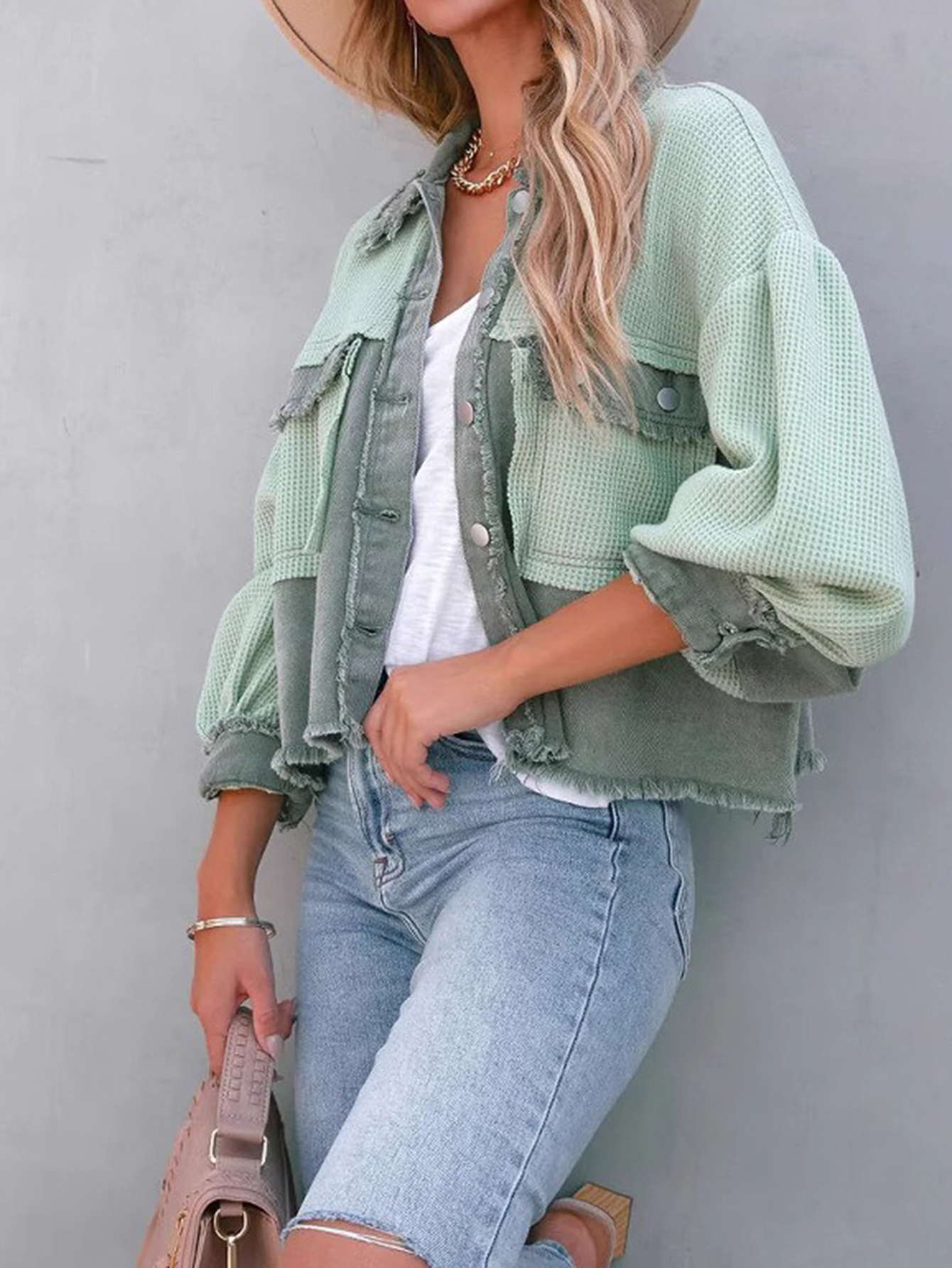 Waffle Panel Frayed Washed Denim Jacket