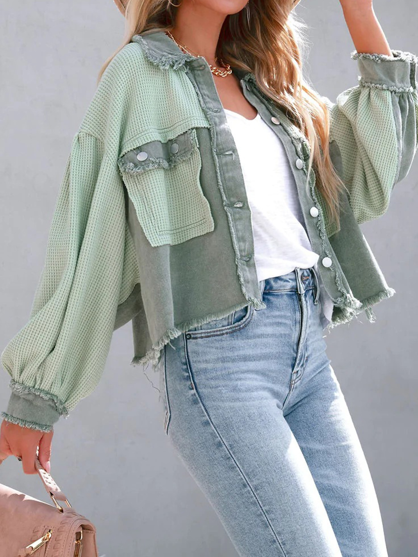 Waffle Panel Frayed Washed Denim Jacket