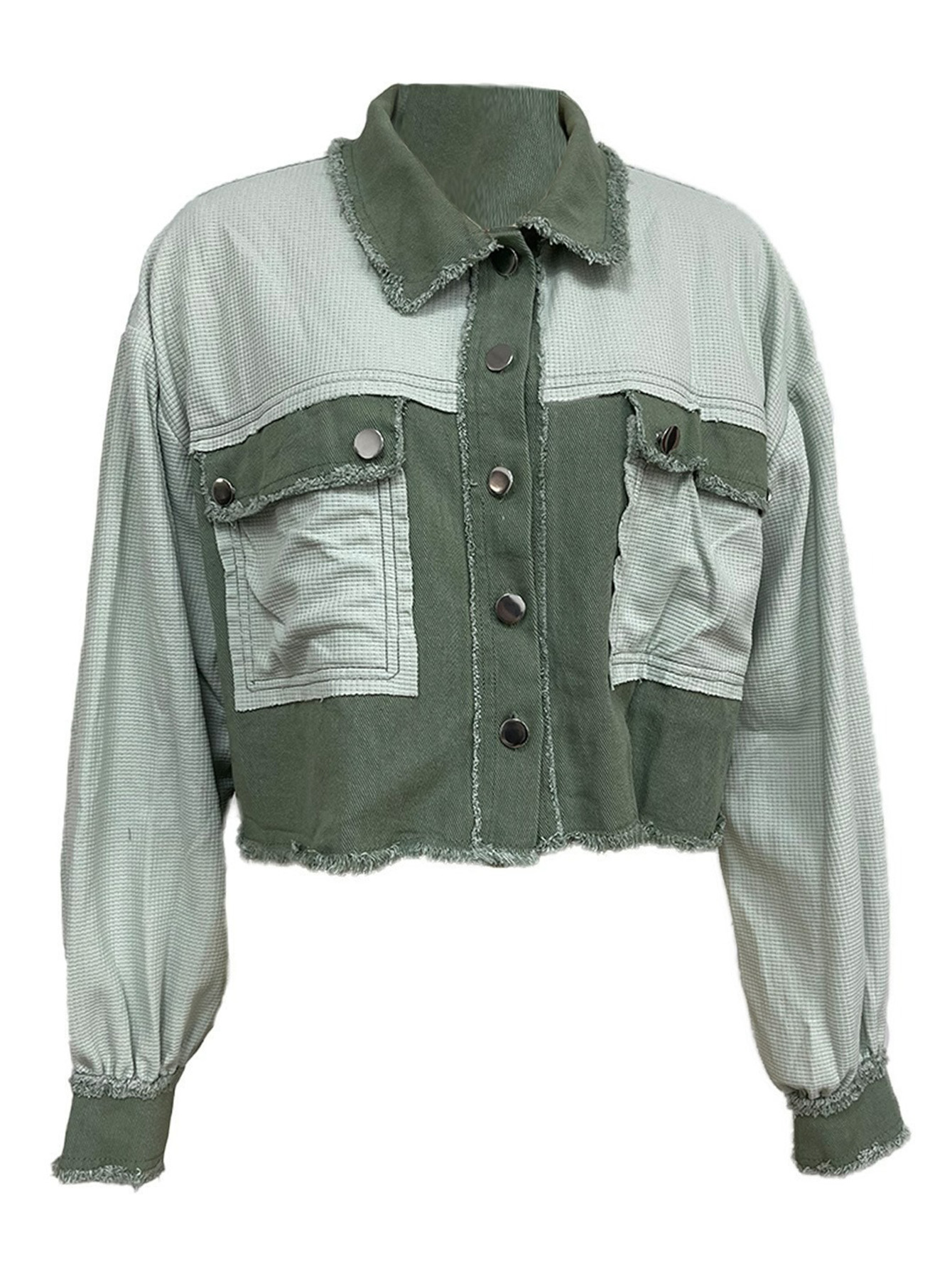 Waffle Panel Frayed Washed Denim Jacket