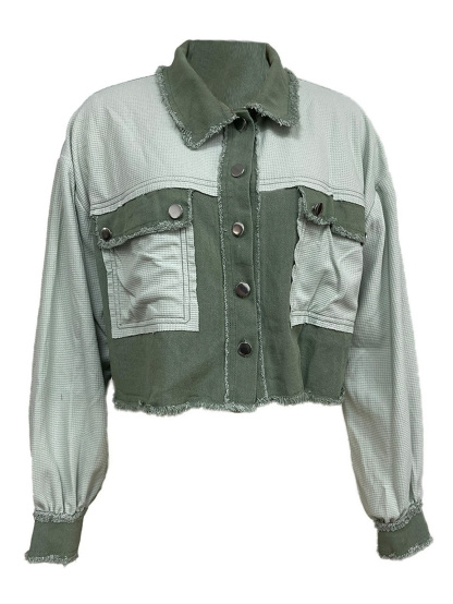 Waffle Panel Frayed Washed Denim Jacket