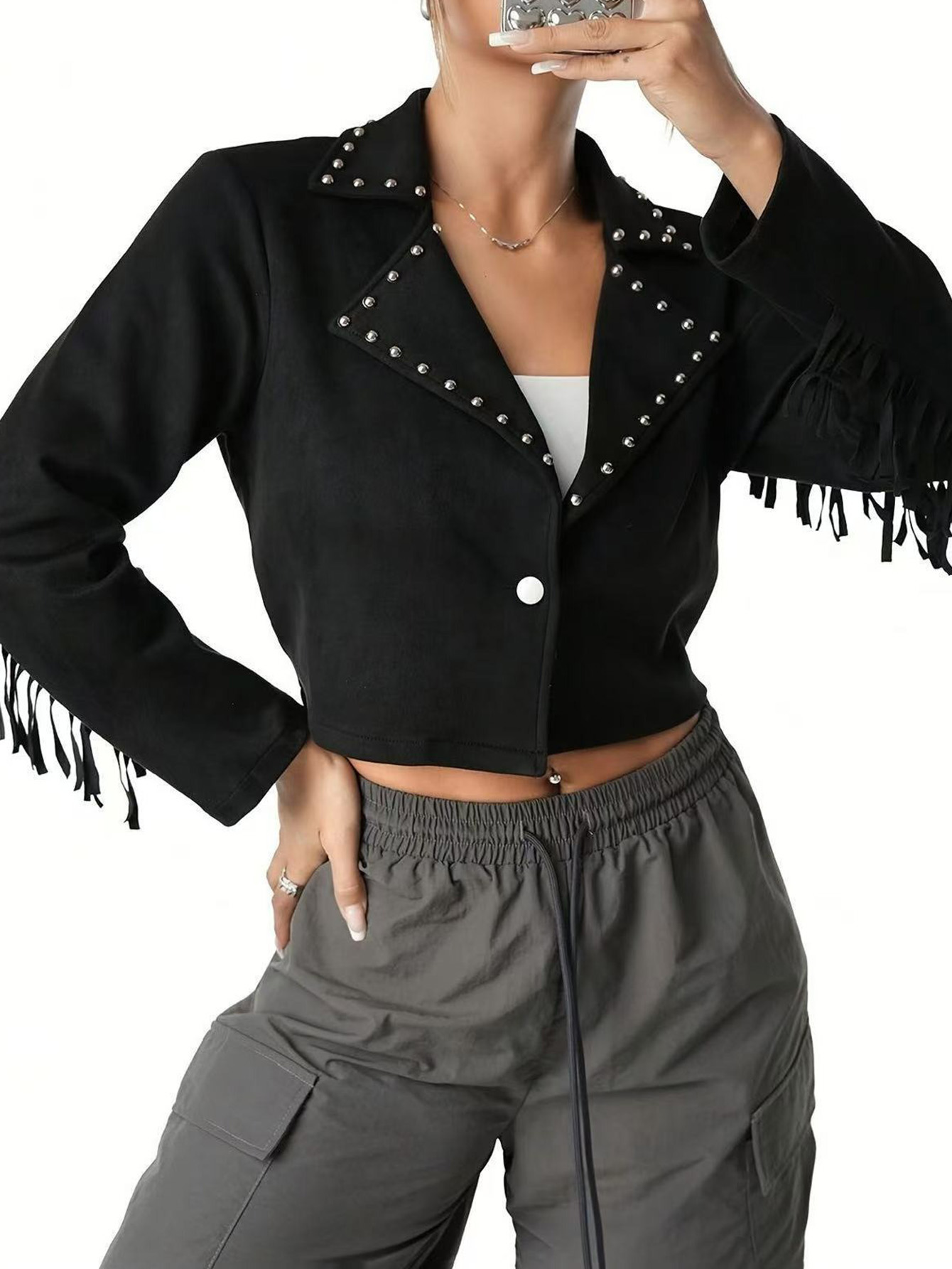 Rivet Fringed Suede Cropped Jacket