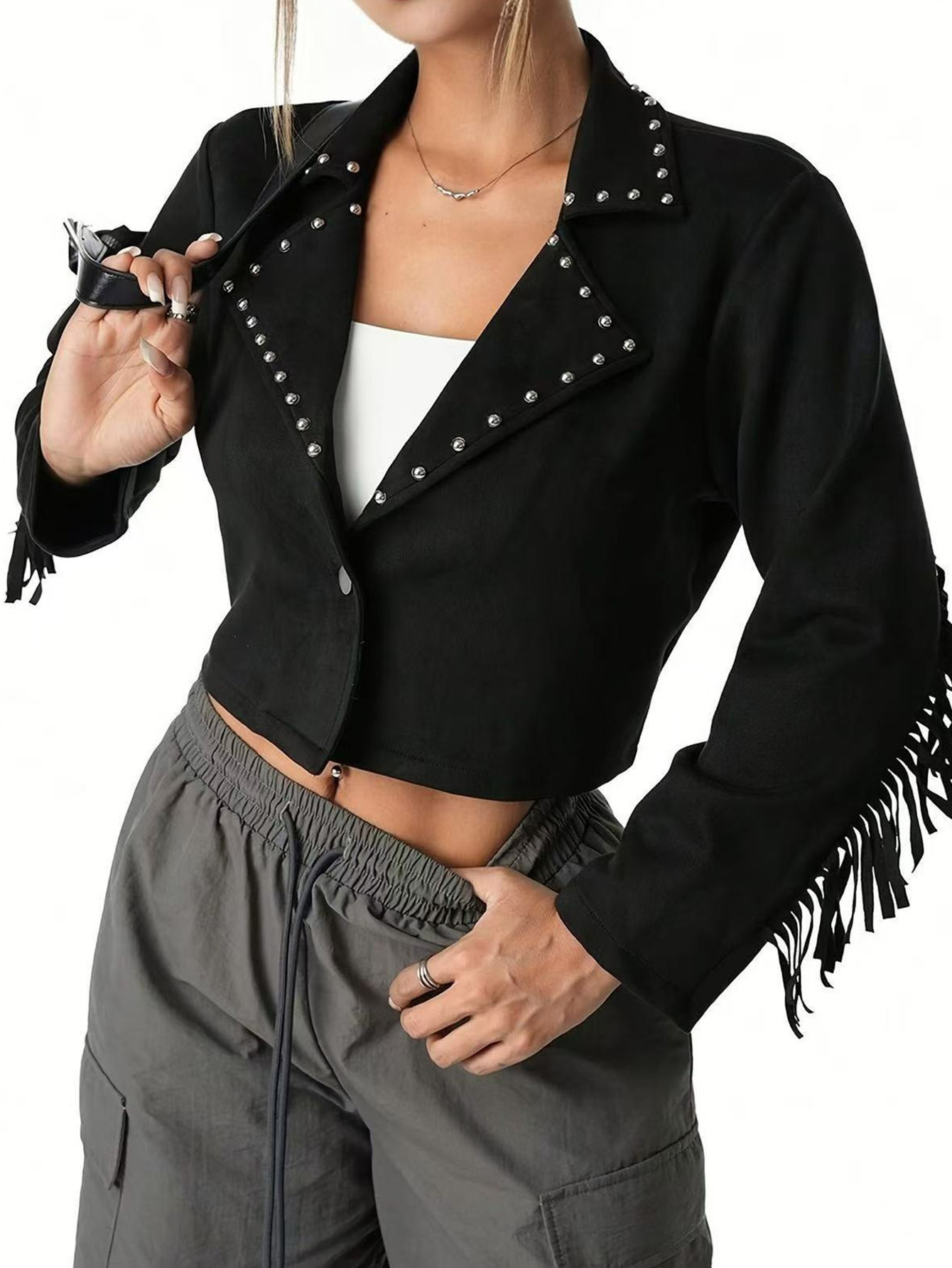 Rivet Fringed Suede Cropped Jacket