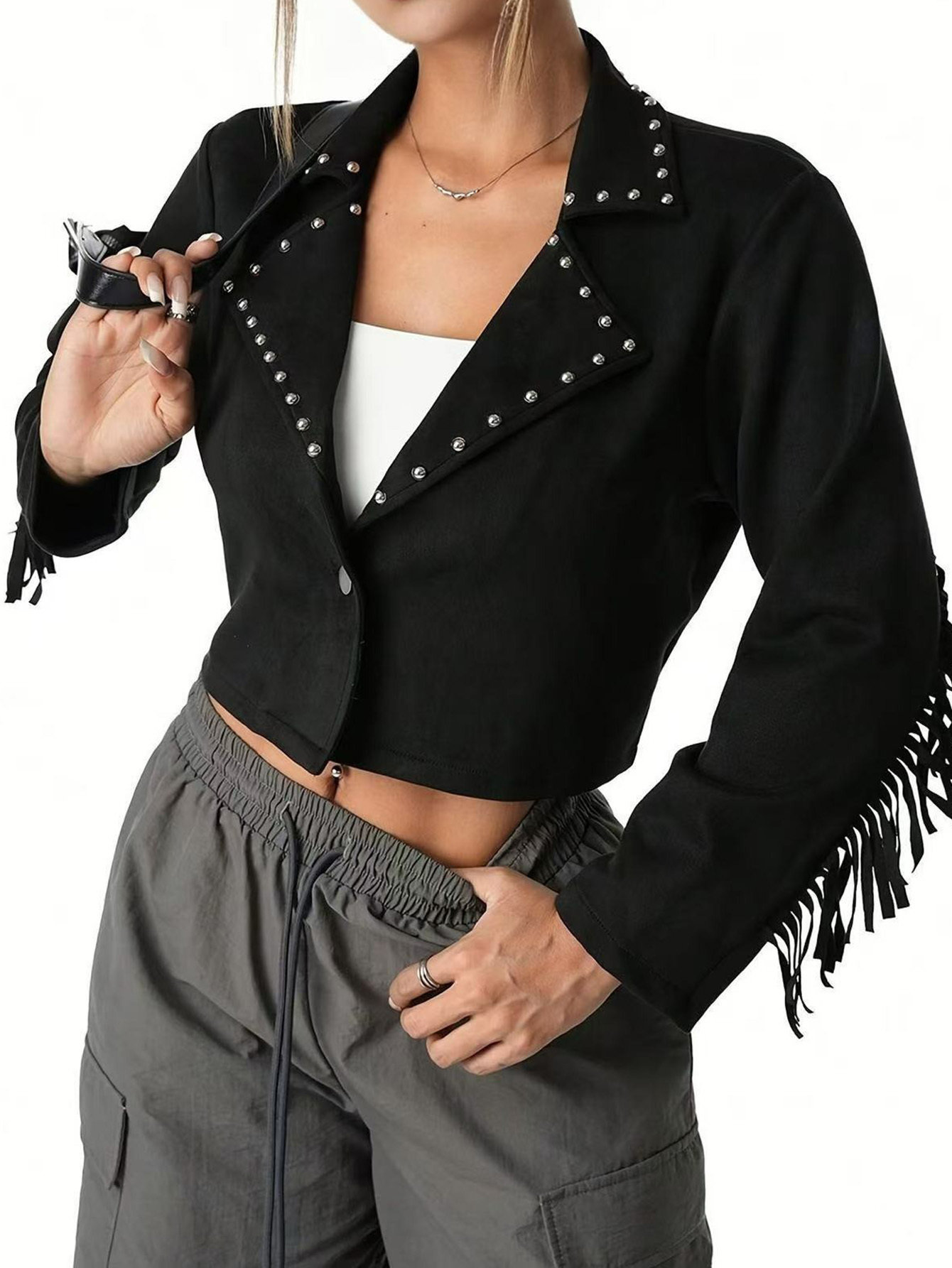 Rivet Fringed Suede Cropped Jacket
