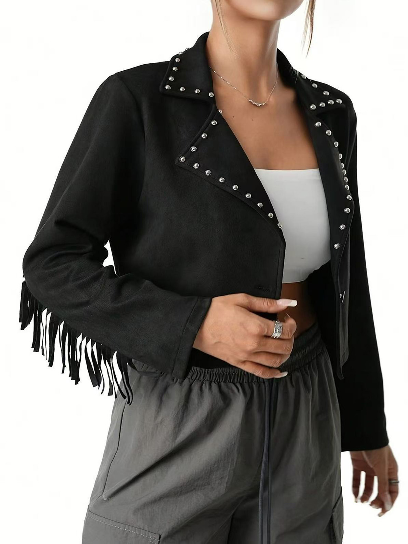 Rivet Fringed Suede Cropped Jacket