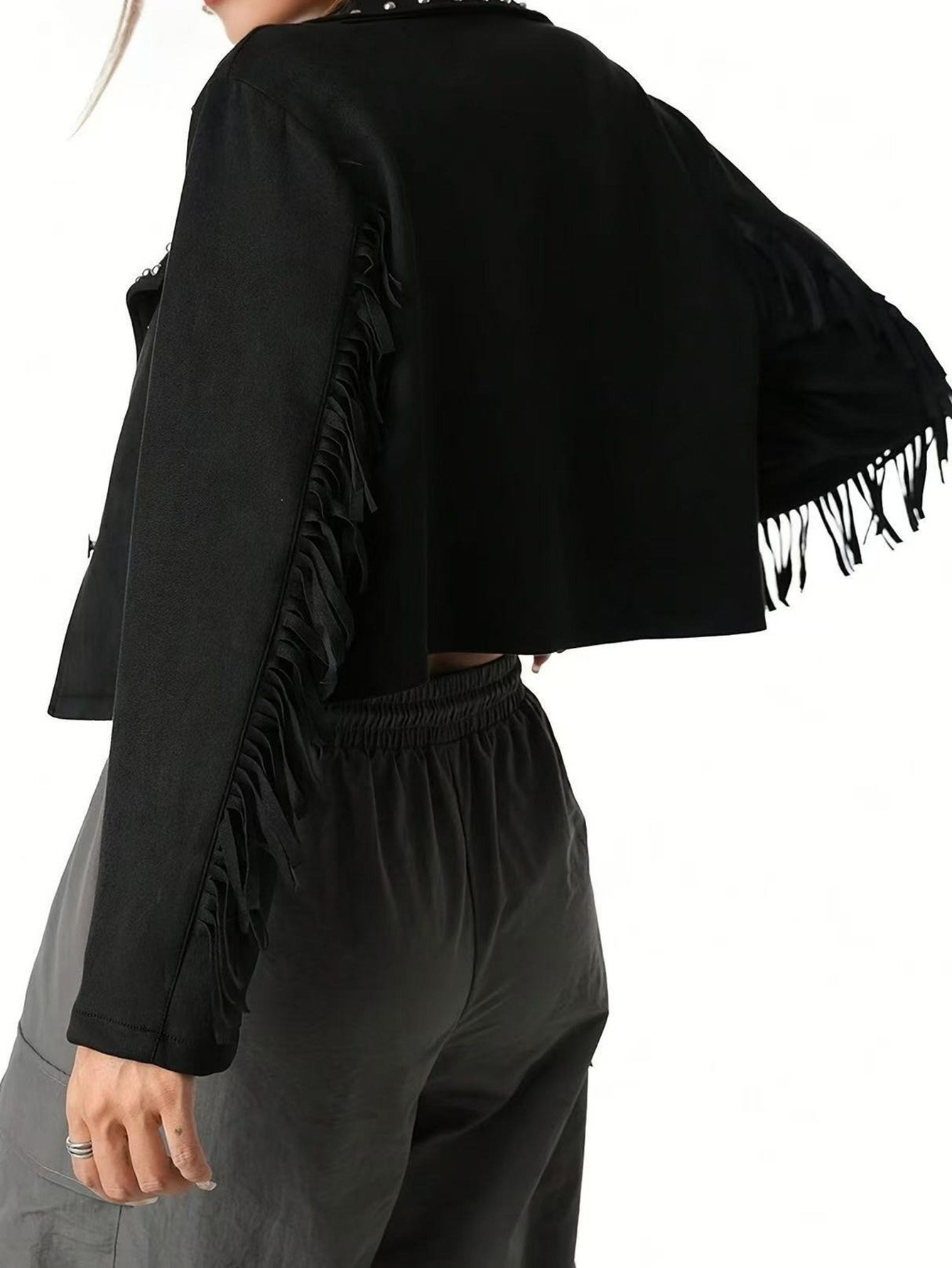 Rivet Fringed Suede Cropped Jacket