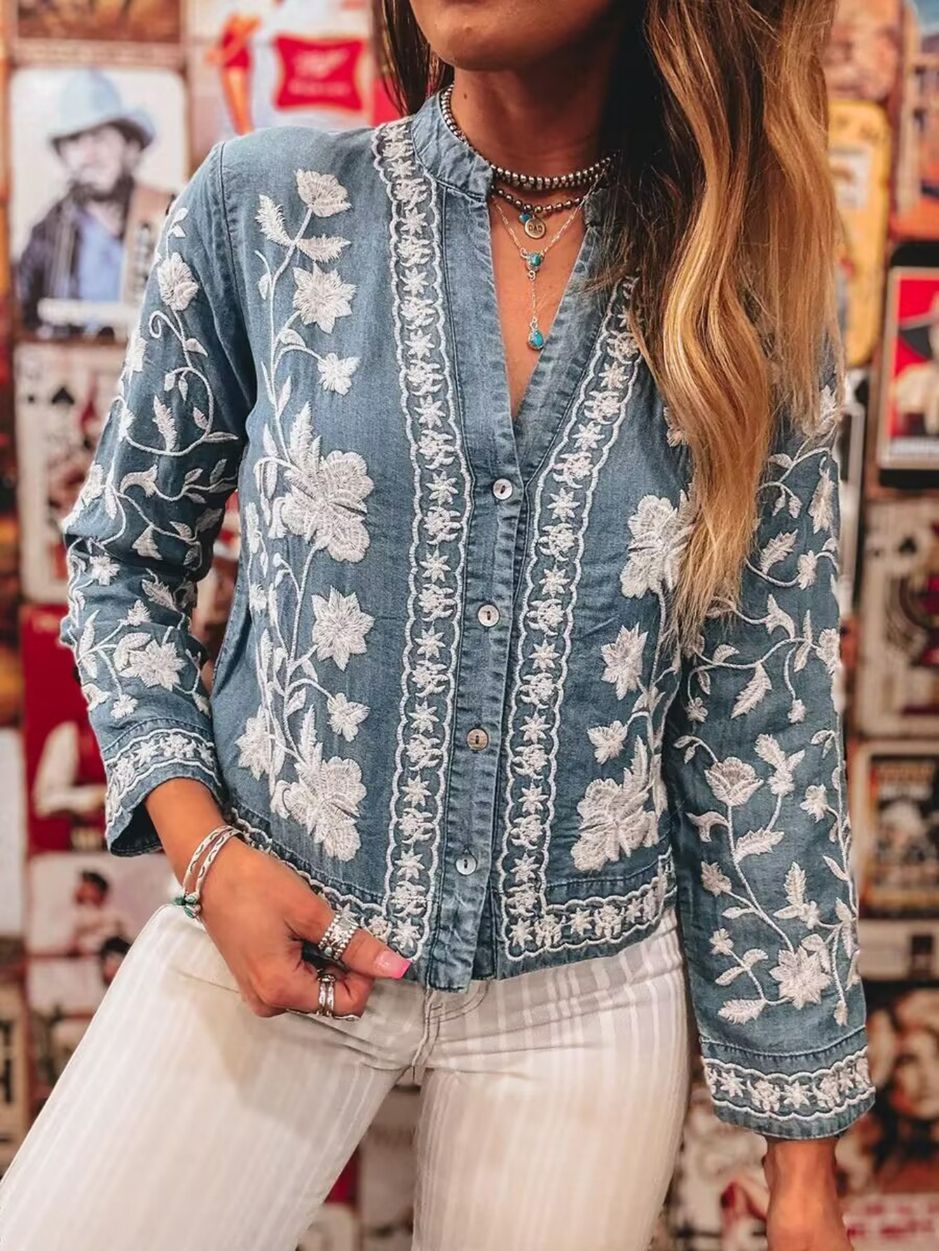Embroidered Denim V-Neck Long-Sleeved Shirt