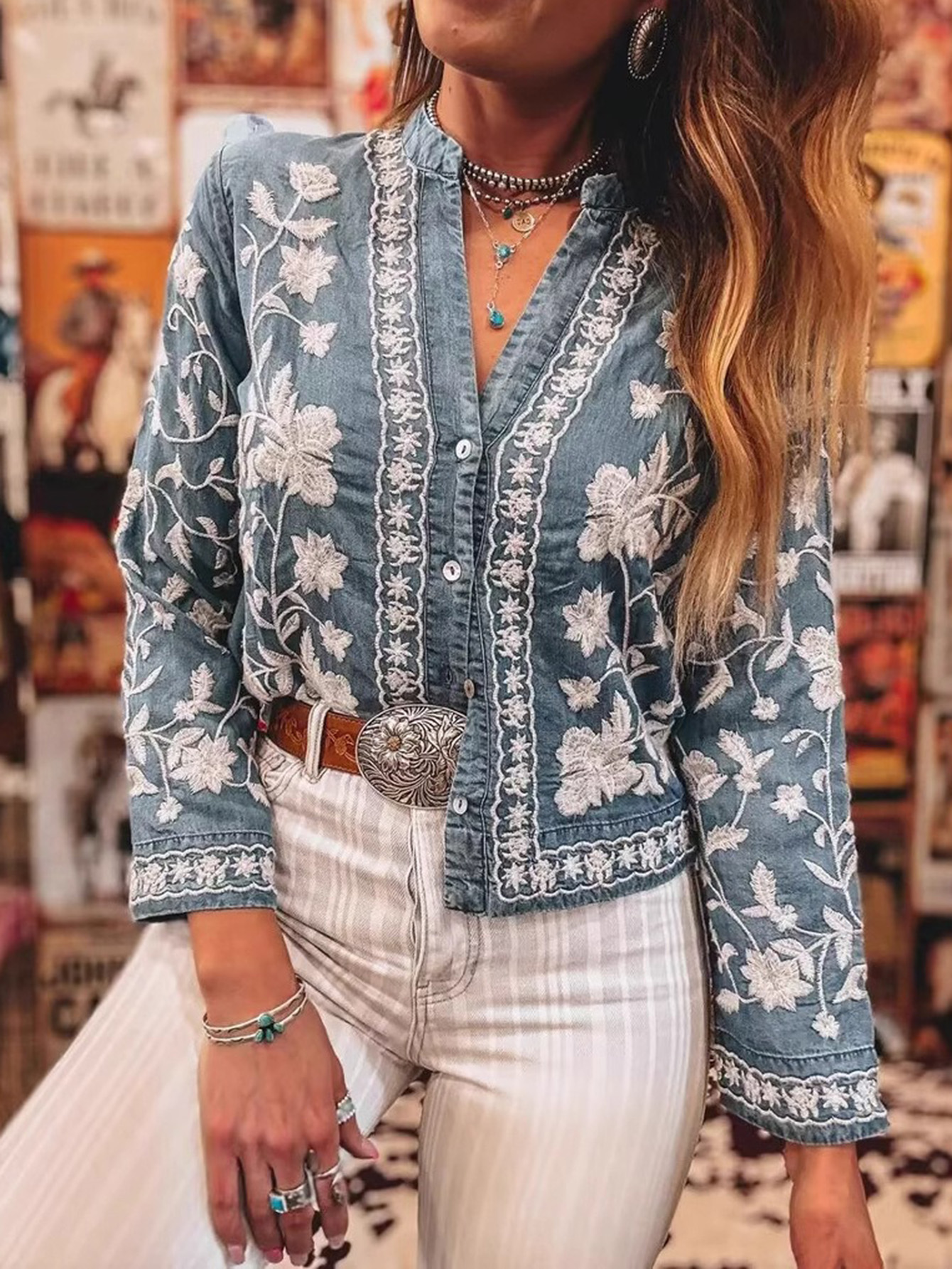 Embroidered Denim V-Neck Long-Sleeved Shirt