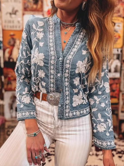 Embroidered Denim V-Neck Long-Sleeved Shirt