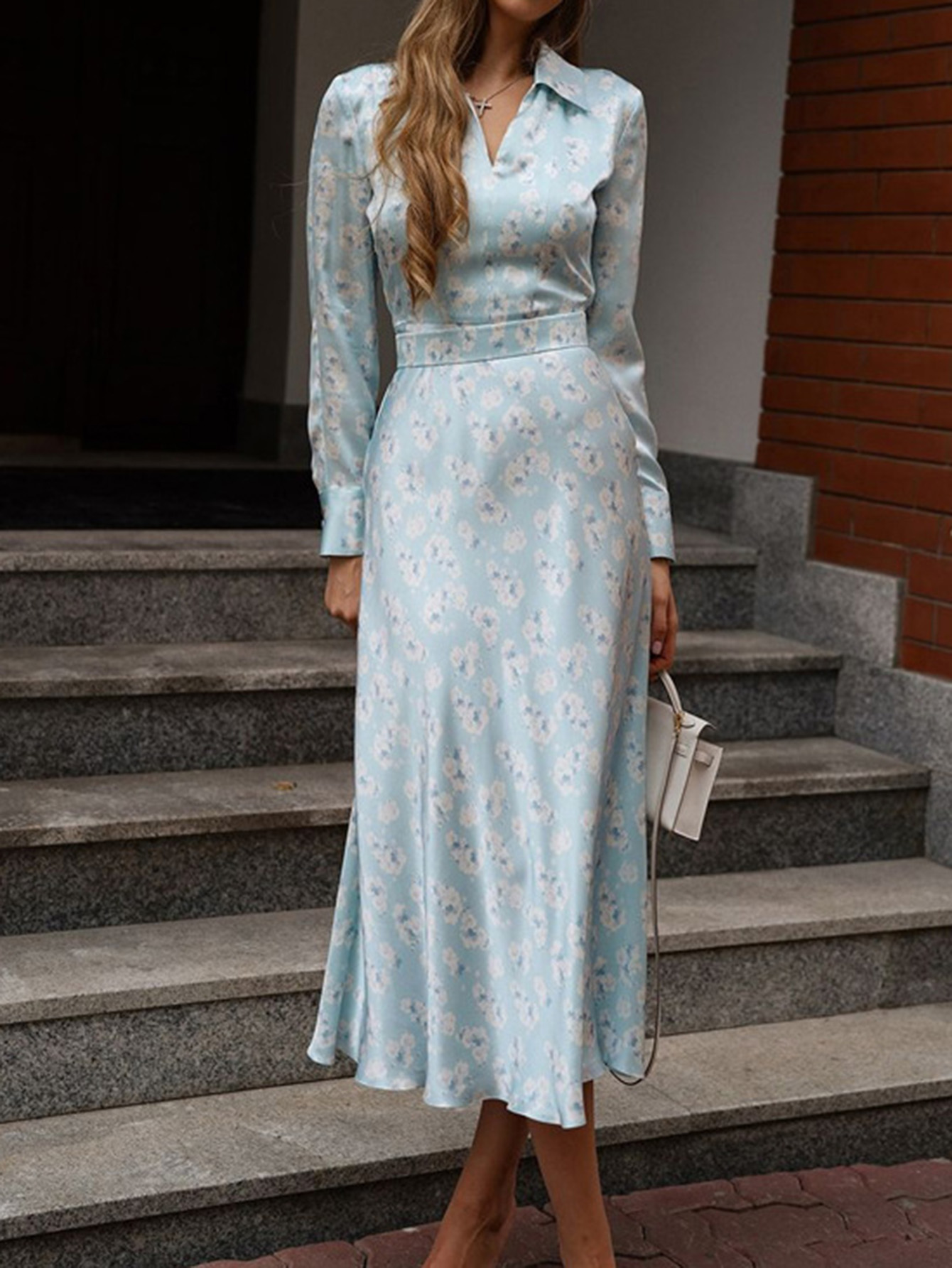 Floral Satin High Waist Shirt Dress