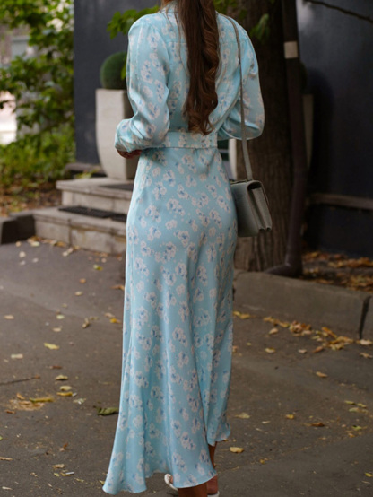 Floral Satin High Waist Shirt Dress