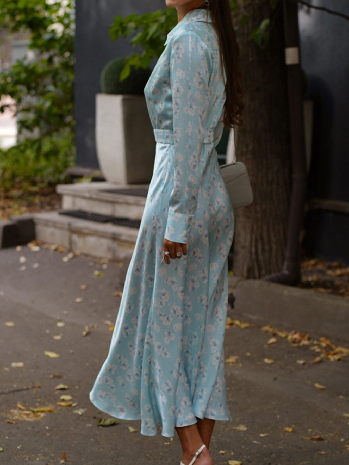 Floral Satin High Waist Shirt Dress