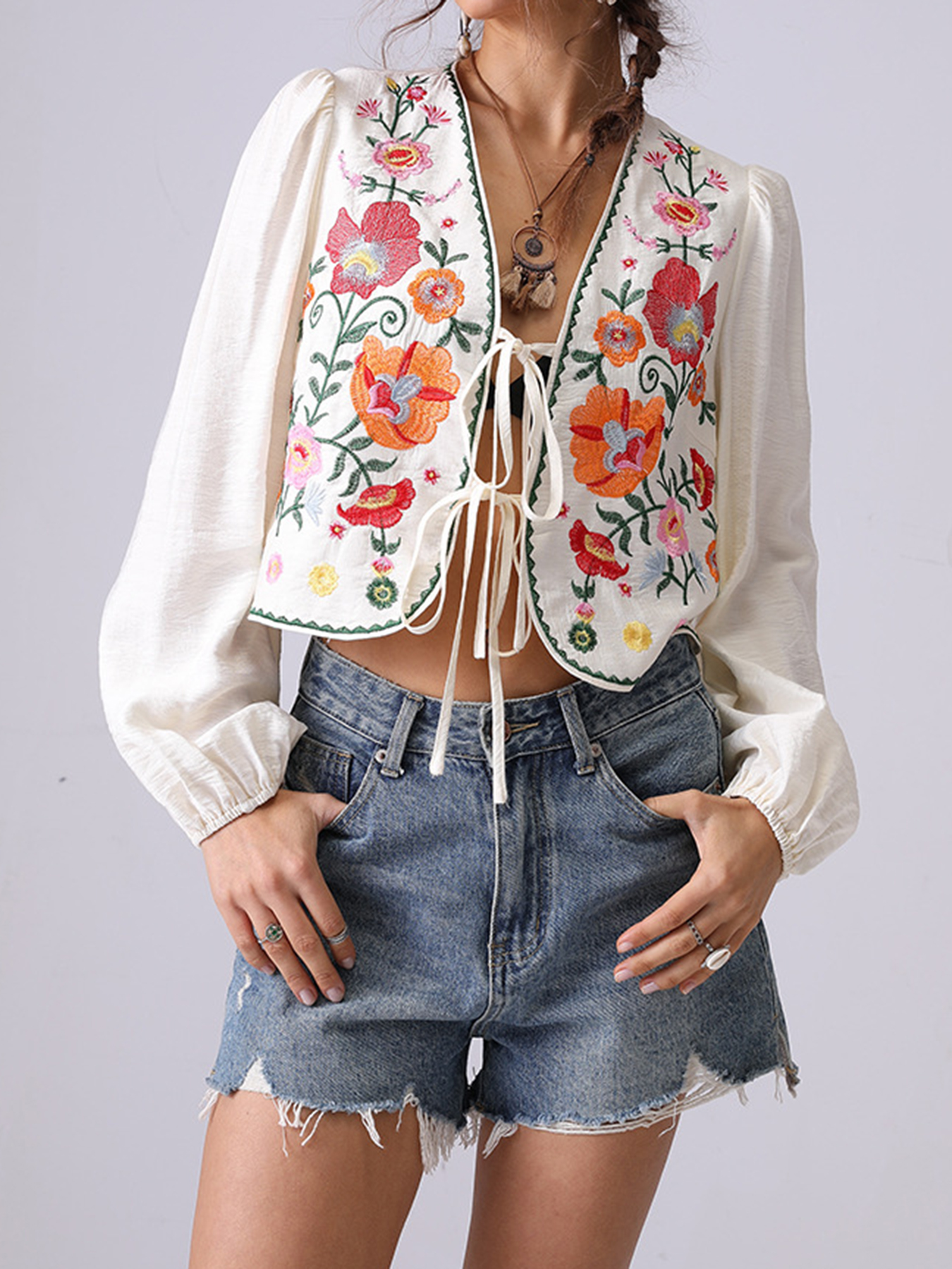 Floral Embroidered Tie Blouse