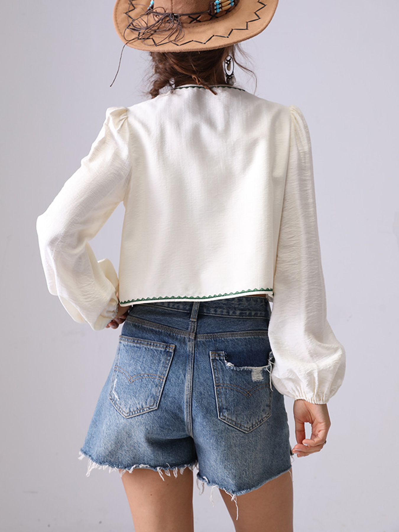 Floral Embroidered Tie Blouse