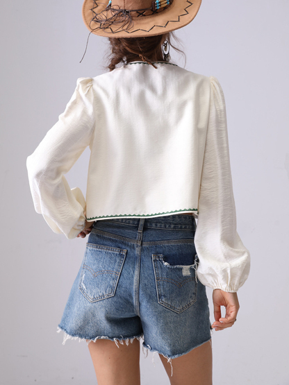 Floral Embroidered Tie Blouse