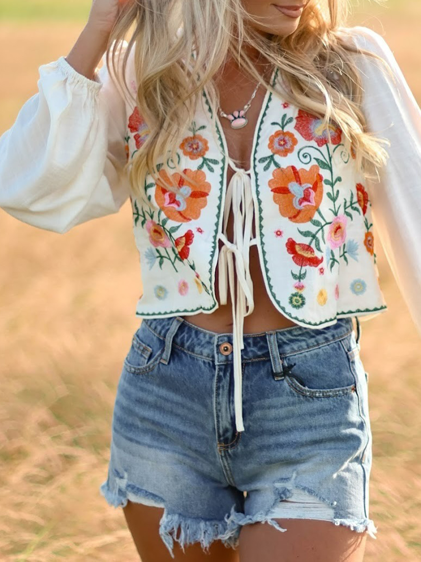 Floral Embroidered Tie Blouse