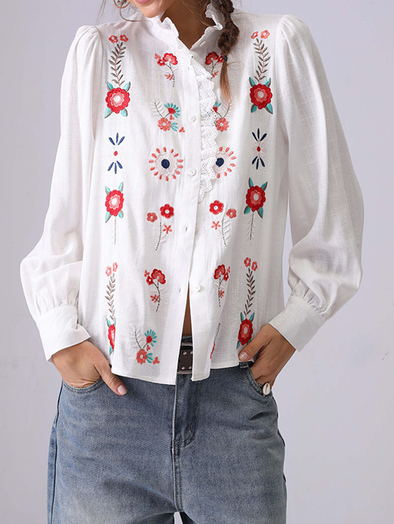 Floral Embroidered Ruffled Long-Sleeved Blouse