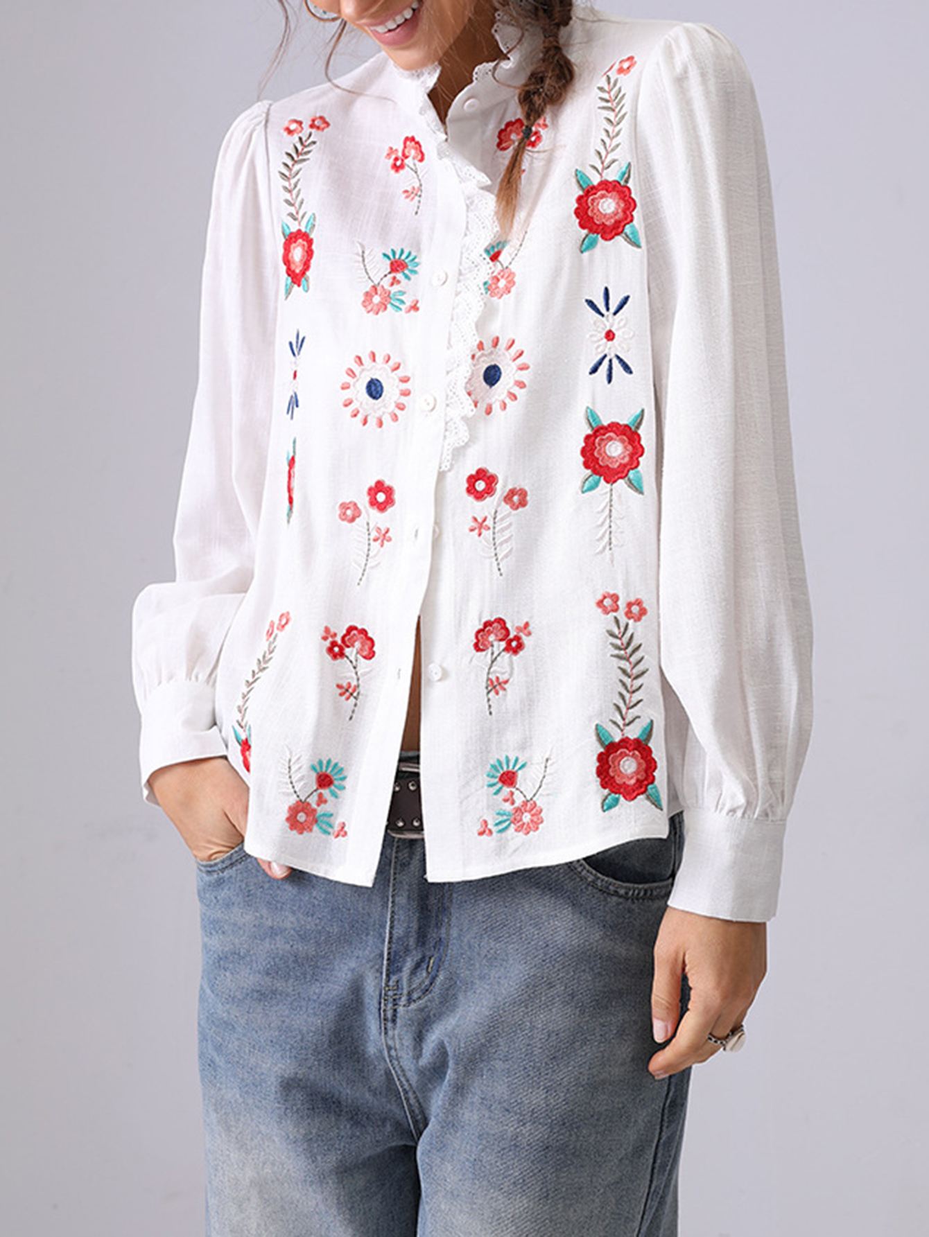 Floral Embroidered Ruffled Long-Sleeved Blouse
