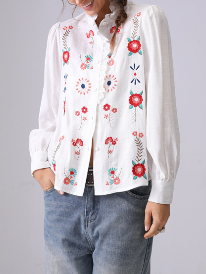 Floral Embroidered Ruffled Long-Sleeved Blouse