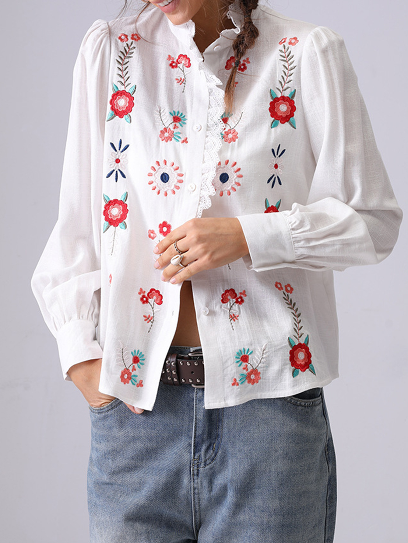 Floral Embroidered Ruffled Long-Sleeved Blouse