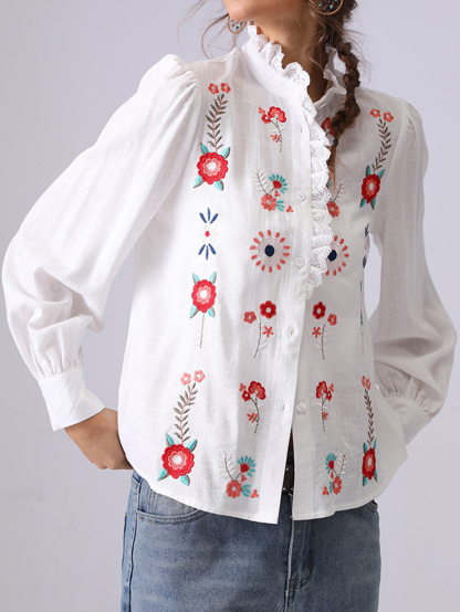 Floral Embroidered Ruffled Long-Sleeved Blouse