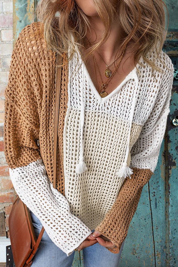 Colorblock Hollow V-Neck Sweater