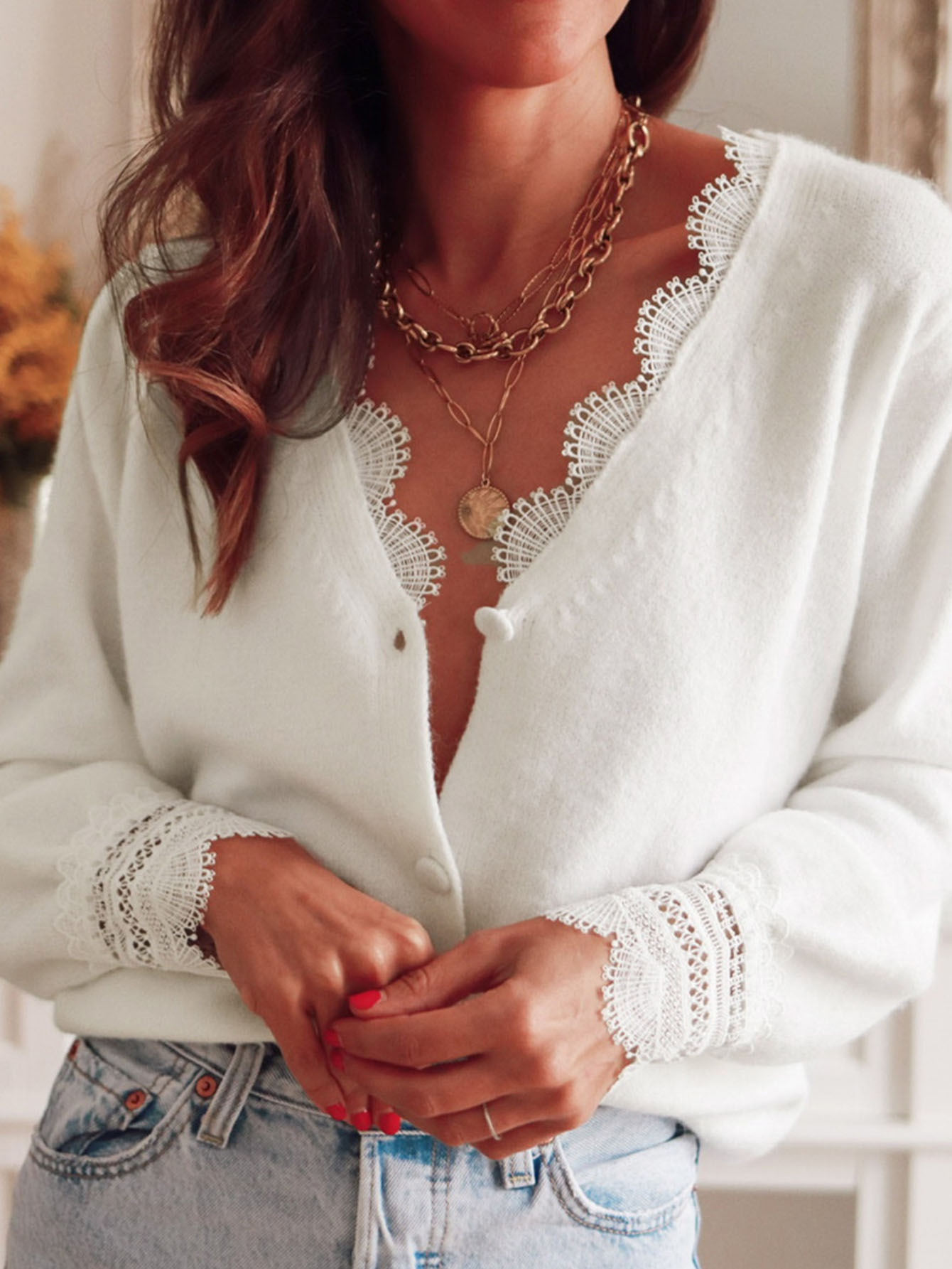 Lace Panel V-Neck Cardigan