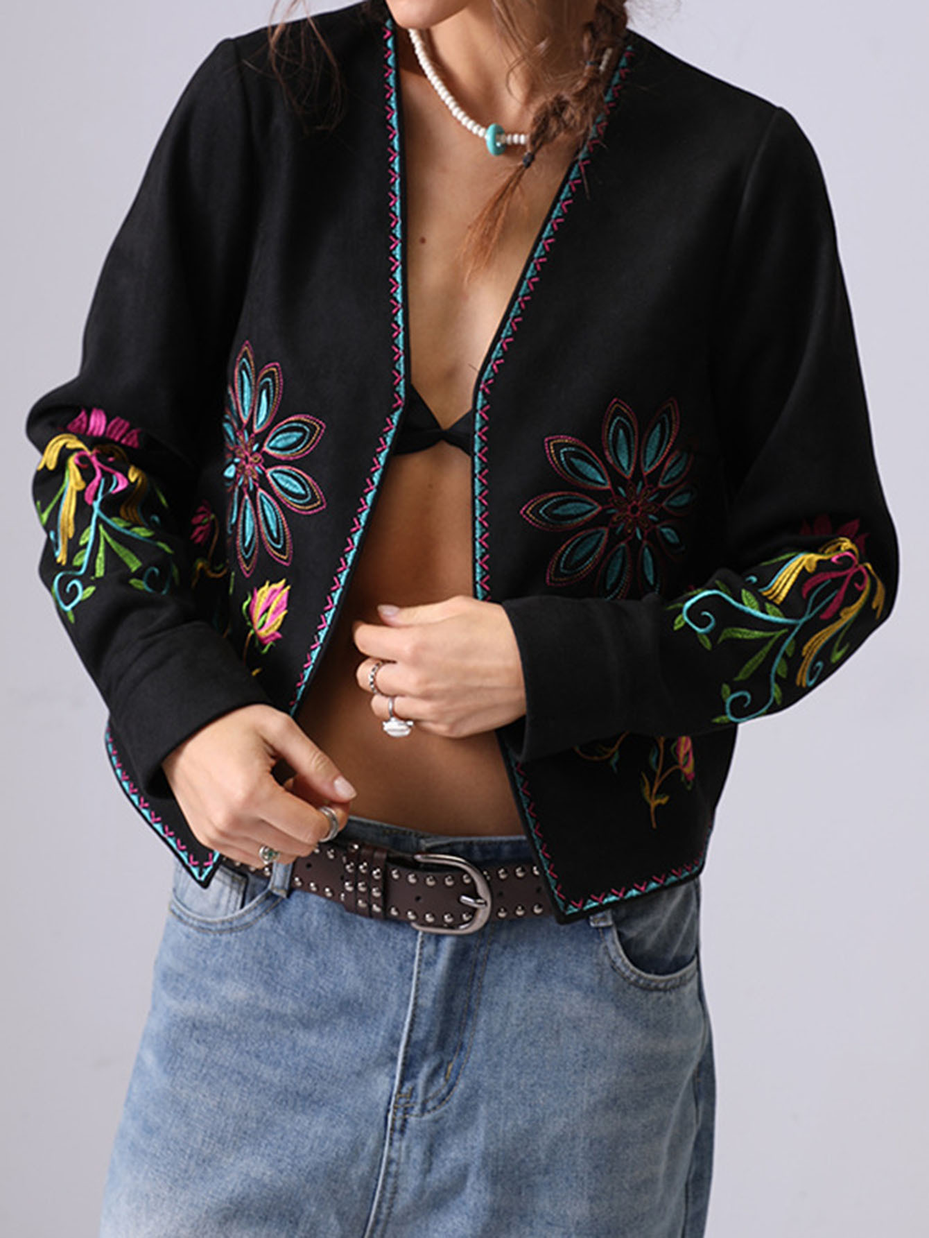 Floral Embroidered Suede Jacket
