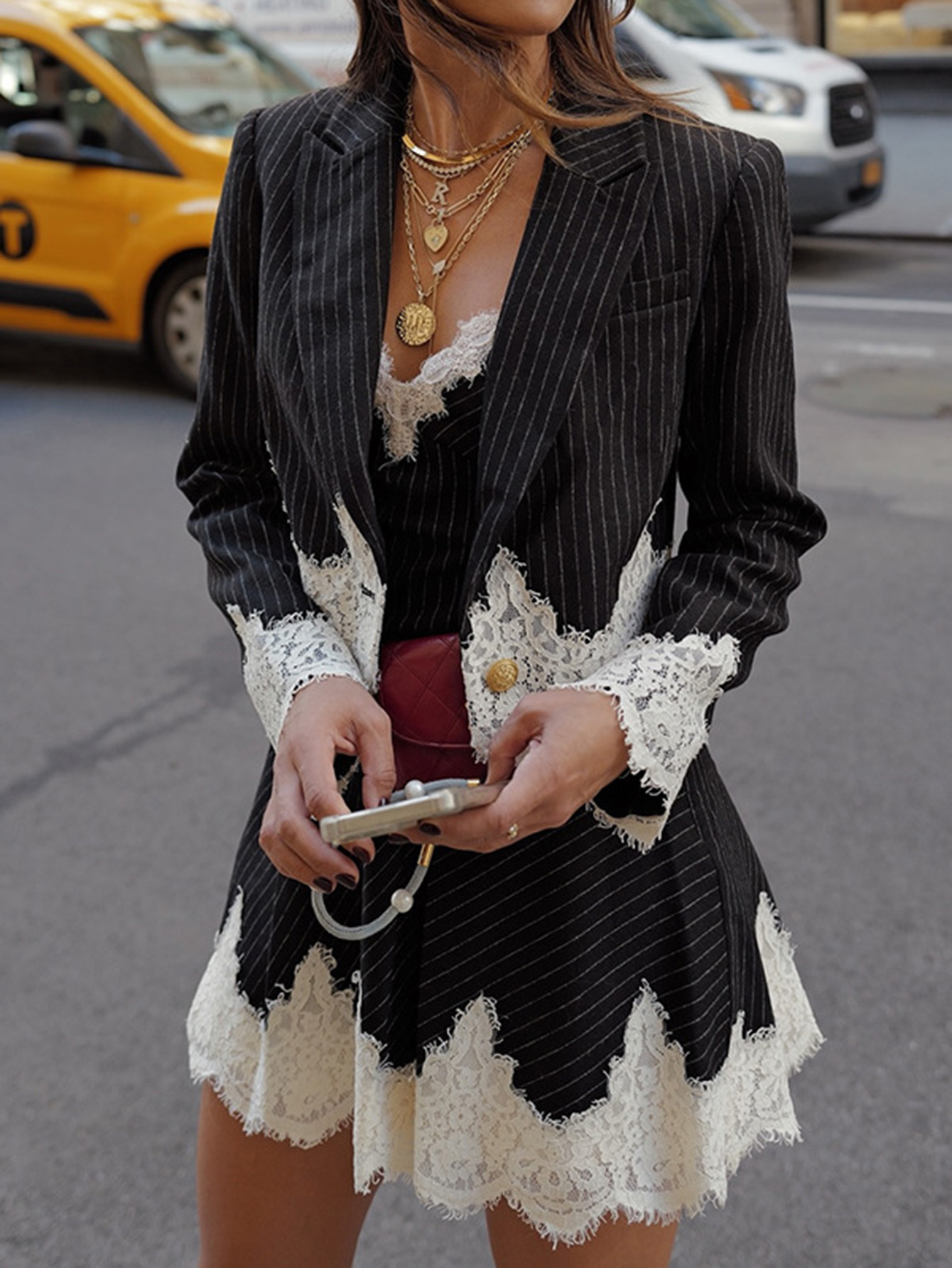 Lace Panel Striped Suit Jacket