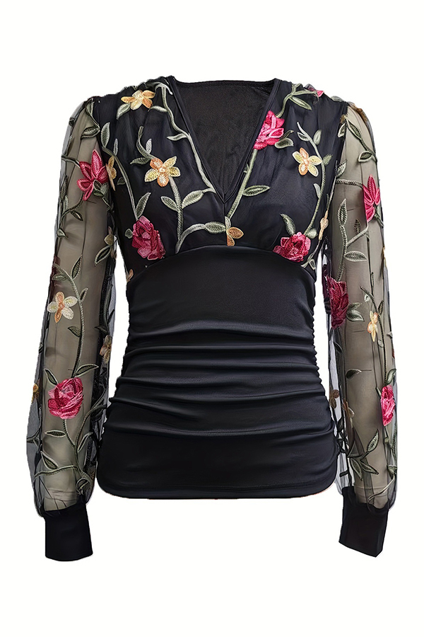 V-Neck Mesh Sleeve Flower Embroidered Shirt