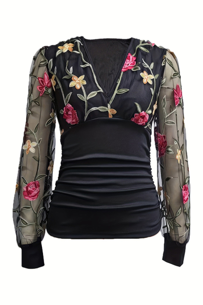V-Neck Mesh Sleeve Flower Embroidered Shirt